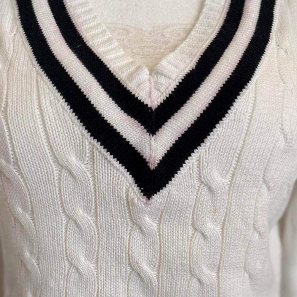 Ralph Lauren White Cable Knit Sweater Women's V Neck Striped Collar Top - Picture 6 of 8